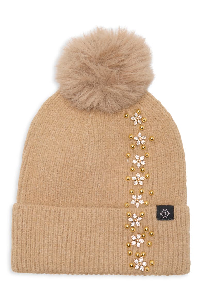 Side Embellished Beanie with Faux Fur Pom, Main, color, TAUPE