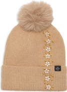 Nanette Lepore Side Embellished Beanie with Faux Fur Pom