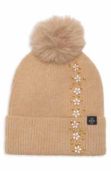 Side Embellished Beanie with Faux Fur Pom