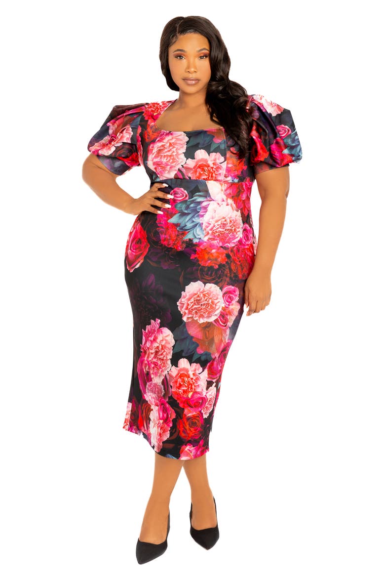 Floral Scuba Knit Midi Dress, Alternate, color, BLACK MULTI