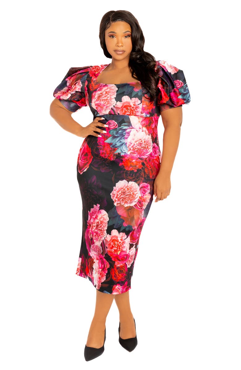 BUXOM COUTURE Floral Scuba Knit Midi Dress, Alternate, color, Black Multi