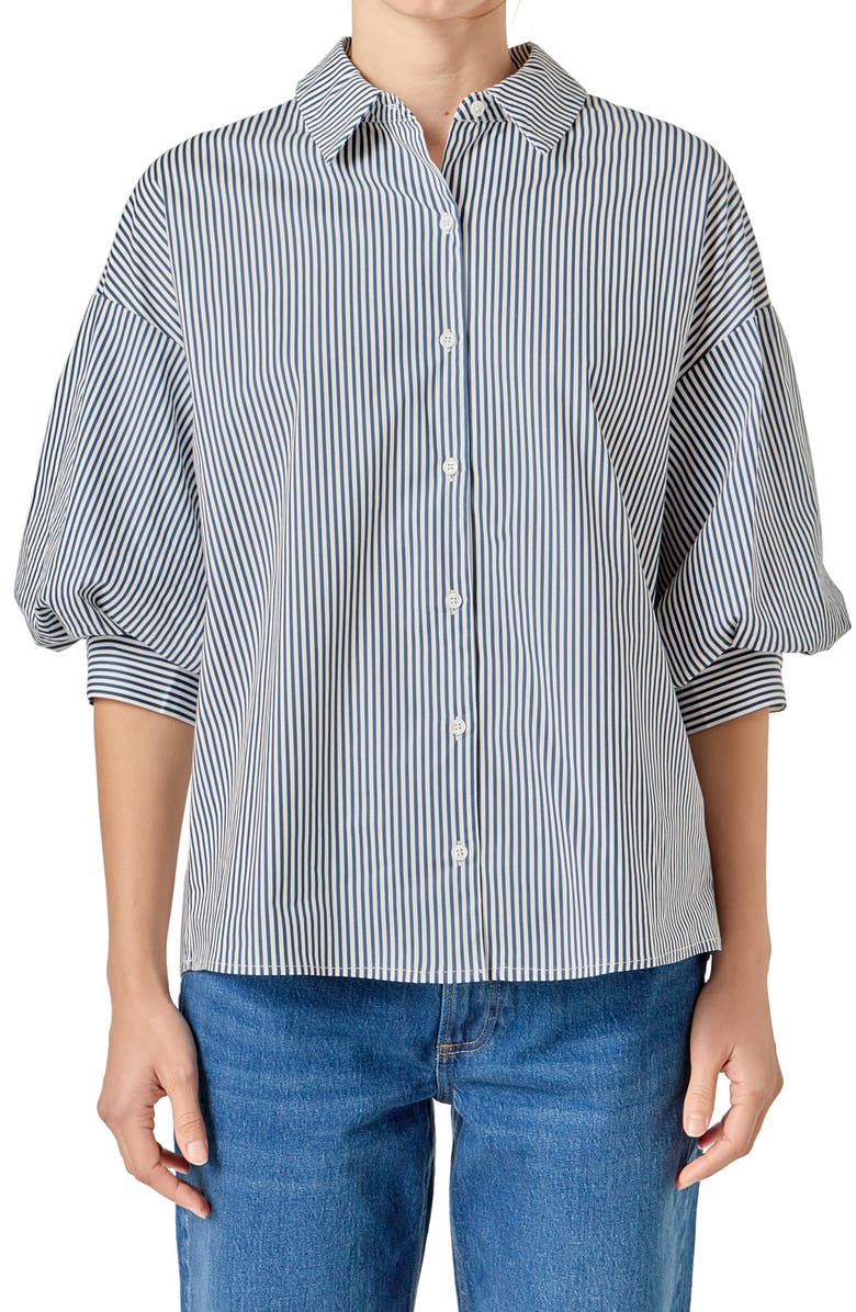 English Factory Stripe Puff Sleeve Button-Up Shirt, Alternate, color, Navy