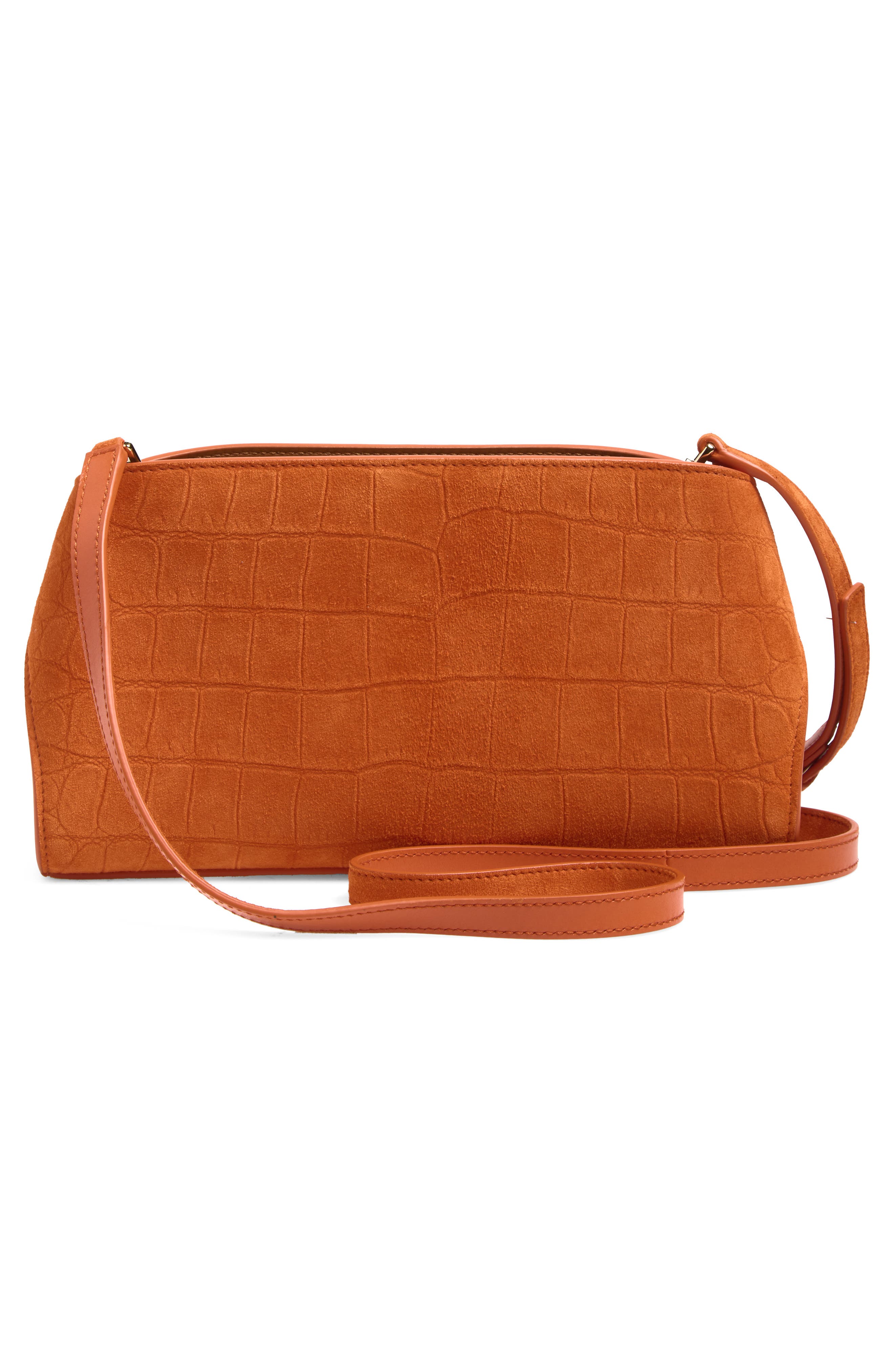 FERRAGAMO Hug Croc Embossed Suede East/West Shoulder Bag, Alternate, color, Light Siena Naturale Rst