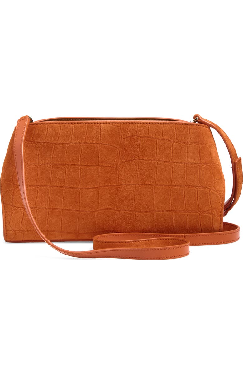 FERRAGAMO Hug Croc Embossed Suede East/West Shoulder Bag, Alternate, color, Light Siena Naturale Rst