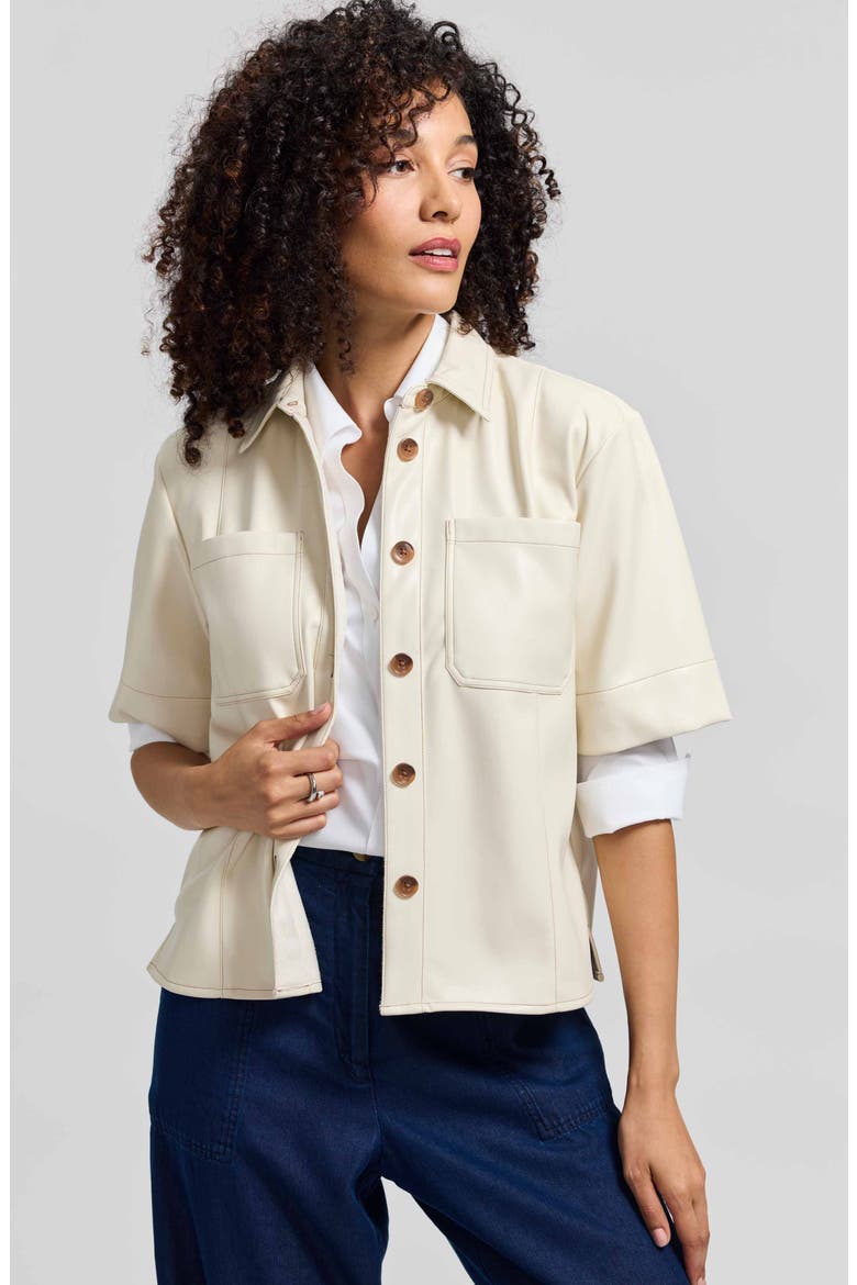Demi Elbow Sleeve Faux Leather Button-Up Shirt, Alternate, color, CREAM IVORY