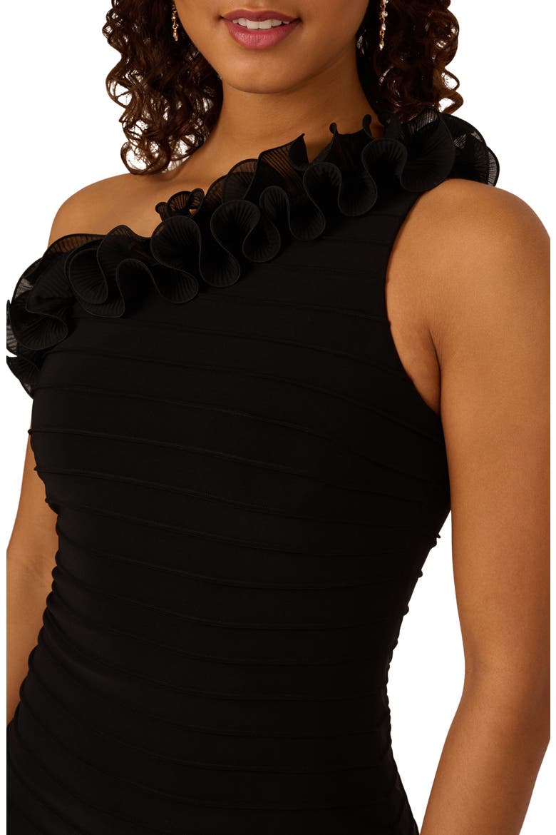 Ruffle Pintuck One-Shoulder Jersey Midi Sheath Dress, Alternate, color, BLACK