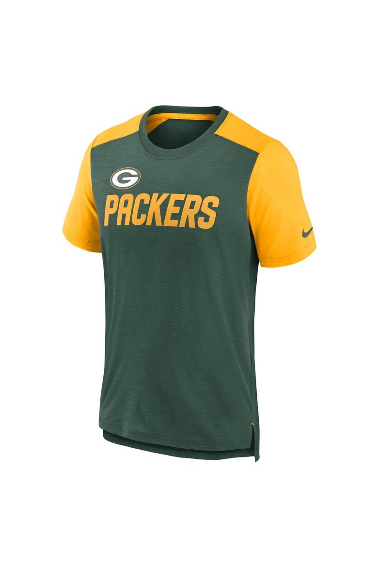 Men's Nike Heathered Green/Heathered Gold Green Bay Packers Color Block Team Name T-Shirt, Alternate, color, Heather Green