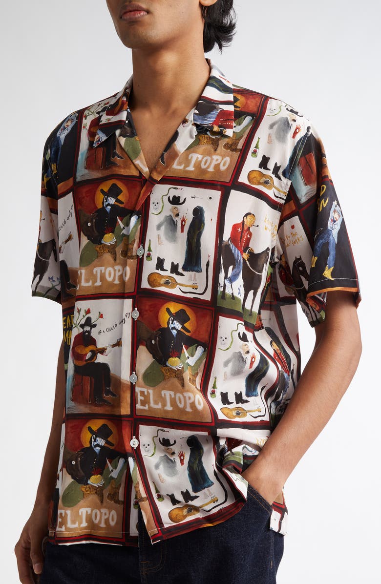 ENDLESS JOY Dead Man Print Silk Crepe Button-Up Shirt, Alternate, color, 