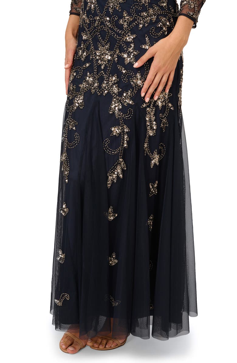 Adrianna Papell Beaded Long Sleeve Goddet Gown, Alternate, color, Midnight