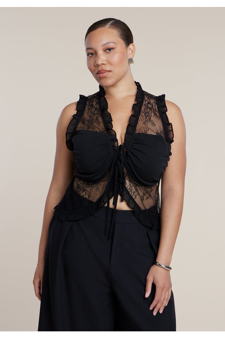 Ruffled Lace Top With Tie Detail, Alternate, color, BLACK ONYX