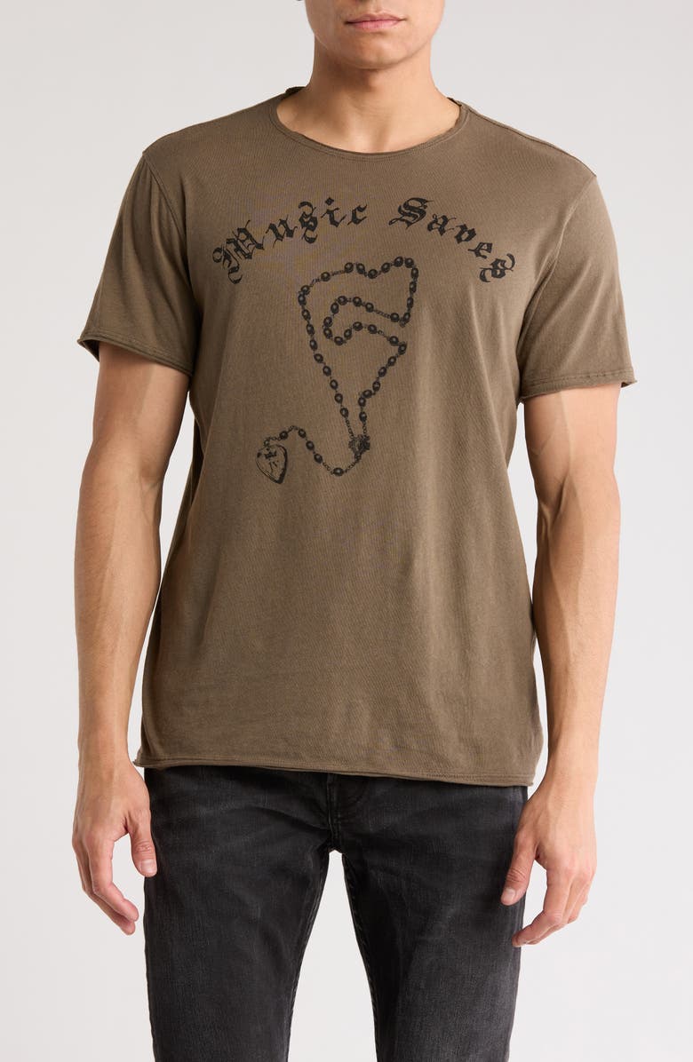 John Varvatos Music Saves Raw Edge Cotton Graphic T-Shirt, Main, color, Teakwood