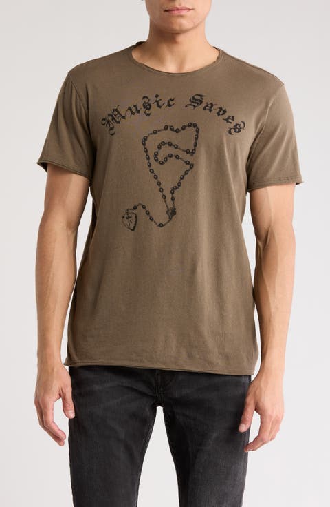 Music Saves Raw Edge Cotton Graphic T-Shirt