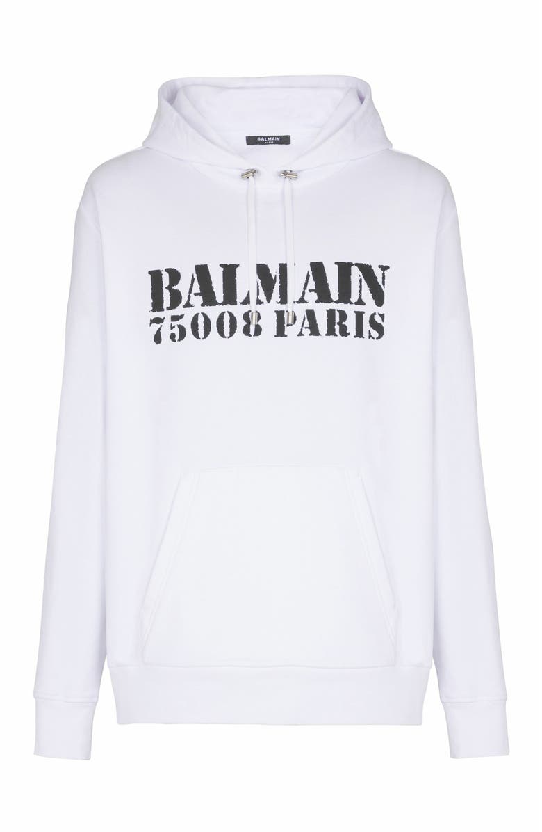 Balmain Stamp Printed Hoodie, Alternate, color, White