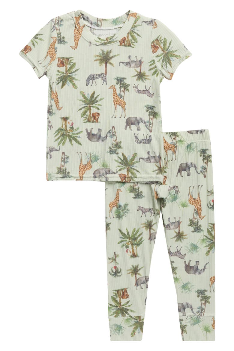 Kids' Ribbed Pajamas, Main, color, GREEN GROUND ANIMAL PRINT