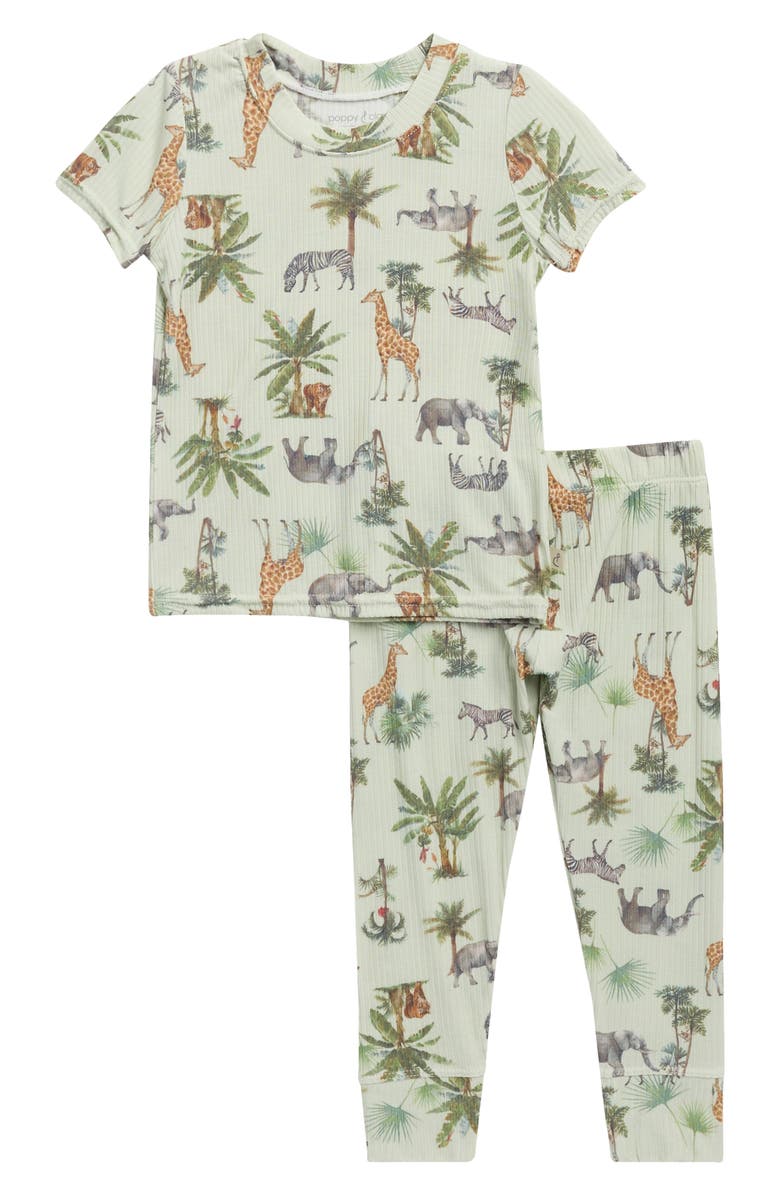 Poppy & Clay Kids' Ribbed Pajamas, Main, color, Green Ground Animal Print
