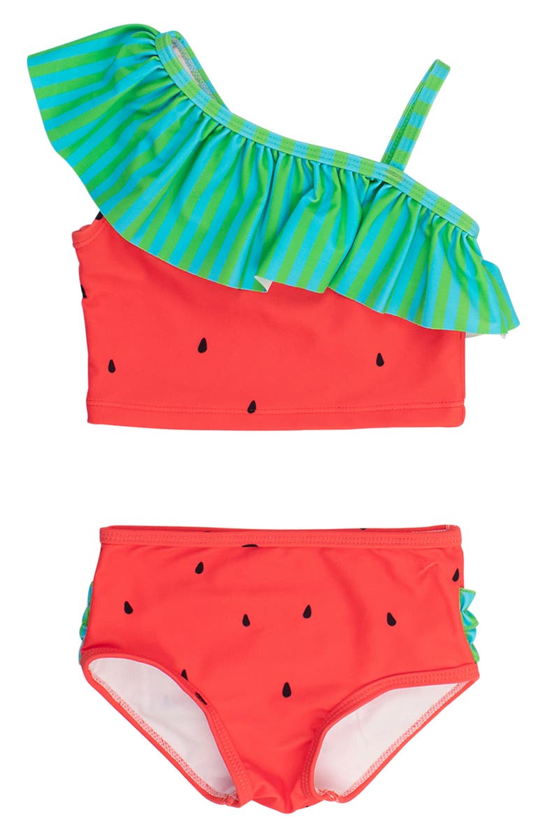 RuffleButts Kids' Watermelon Ruffle One-Shoulder Two-Piece Swimsuit, Main, color, 