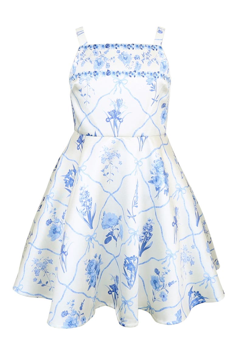 Kids' Border Print Mikado Fit & Flare Party Dress, Main, color, IVORY/ BLUE