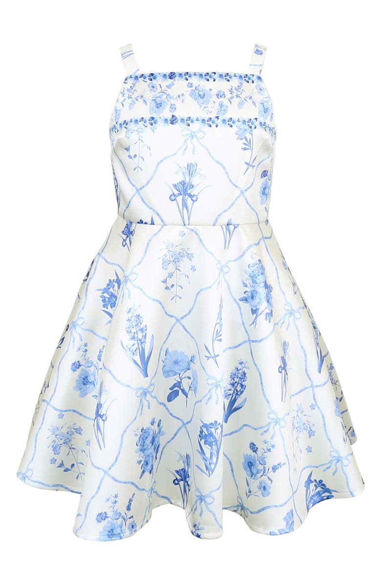 Zunie Kids' Border Print Mikado Fit & Flare Party Dress, Main, color, Ivory/ Blue