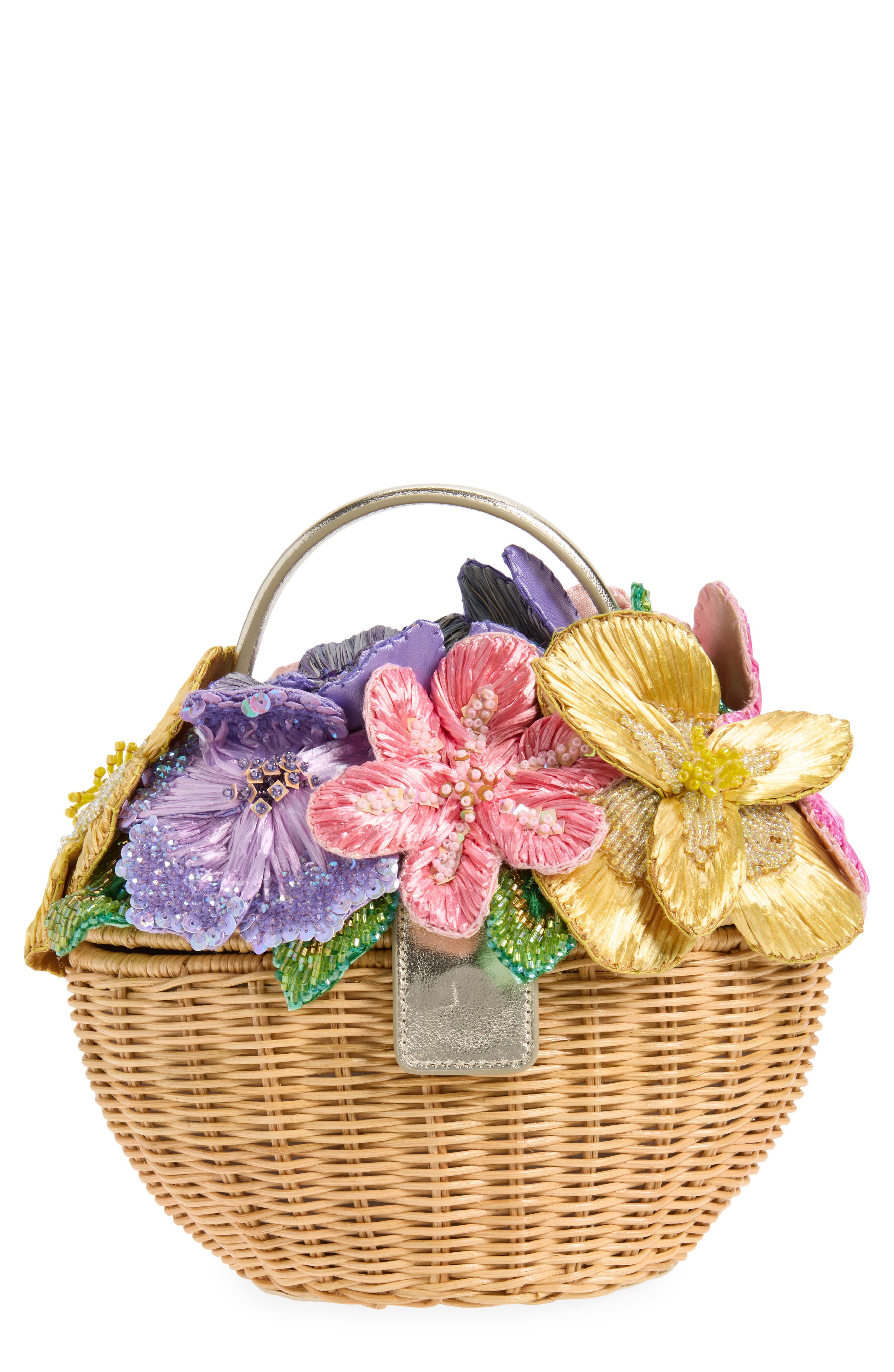 JUDITH LEIBER COUTURE Dorothy Basket Flower Bouquet Woven Rattan Top Handle Bag, Main, color, Champagne Natural