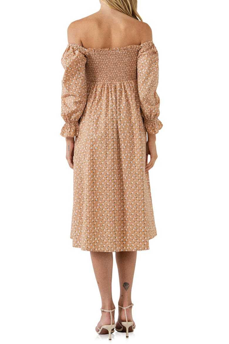 Floral Smocked Long Sleeve Midi Dress, Alternate, color, TAN MULTI
