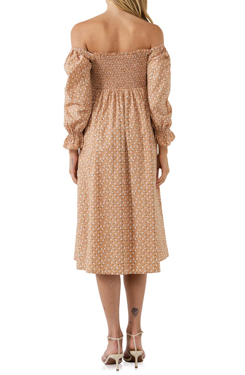English Factory Floral Smocked Long Sleeve Midi Dress, Alternate, color, Tan Multi
