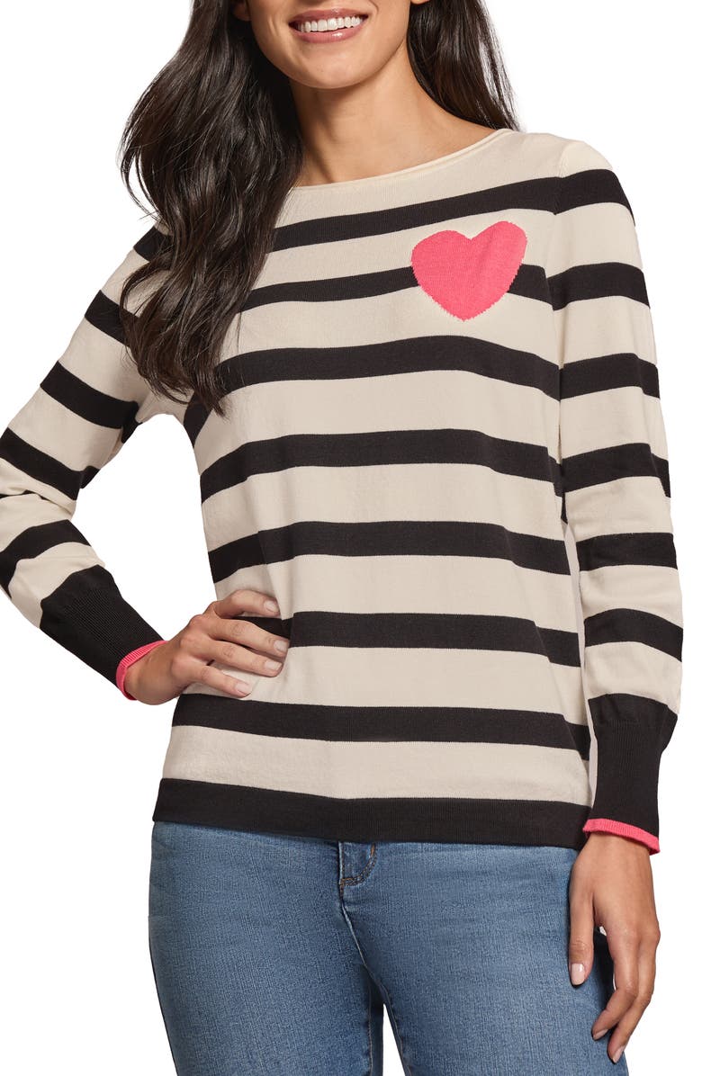 Jones New York Stripe Heart Boat Neck Sweater, Main, color, 