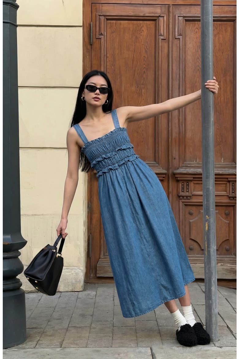 Smocked Bodice Midi Dress with Ruffled Straps, Alternate, color, Medium Wash Blue