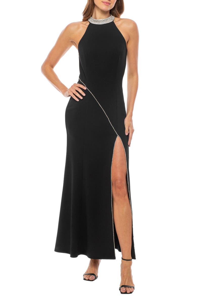 Rhinestone Trim Sleeveless A-Line Gown, Main, color, BLACK