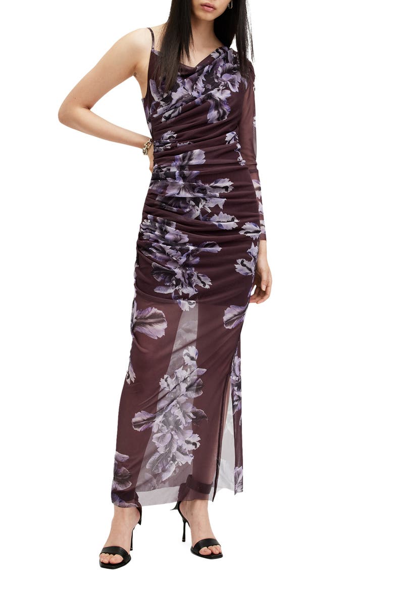Eris Pleated Single Long Sleeve Mesh Maxi Dress, Main, color, MONICA OXBLOOD RED