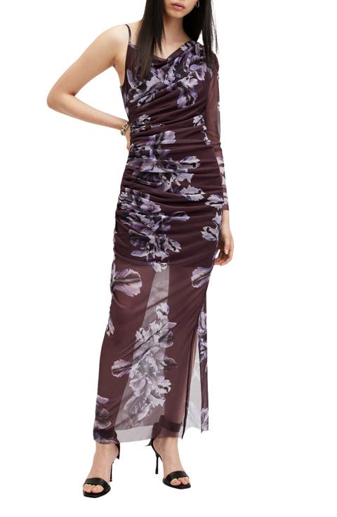 Eris Pleated Single Long Sleeve Mesh Maxi Dress