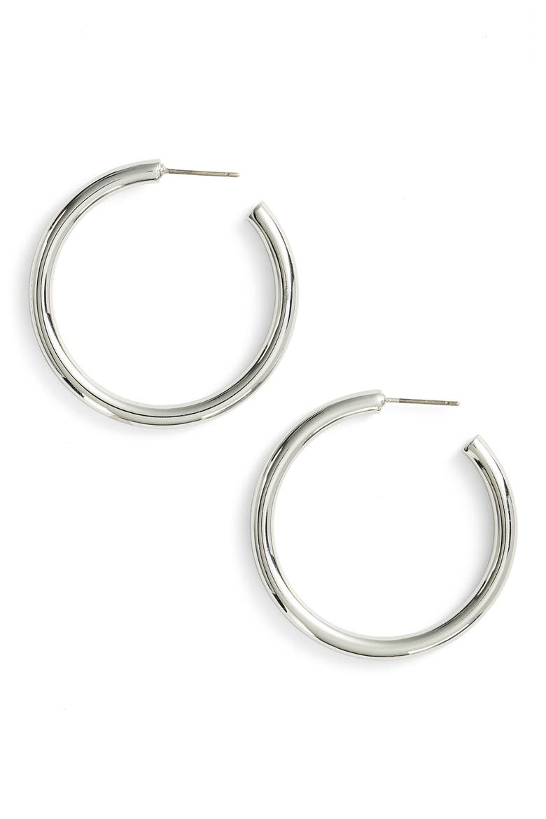 Medium Sleek Tube Hoop Earrings, Main, color, RHODIUM