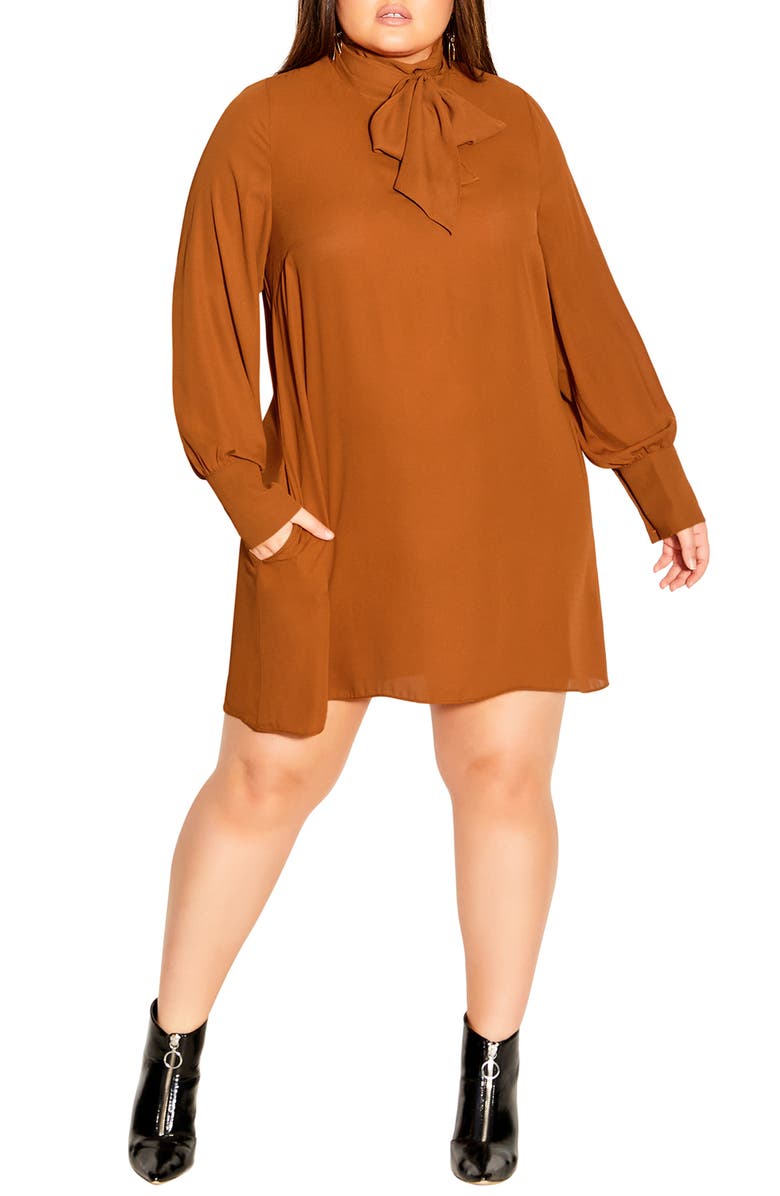 City Chic Tie Neck Long Sleeve Shift Dress, Main, color,