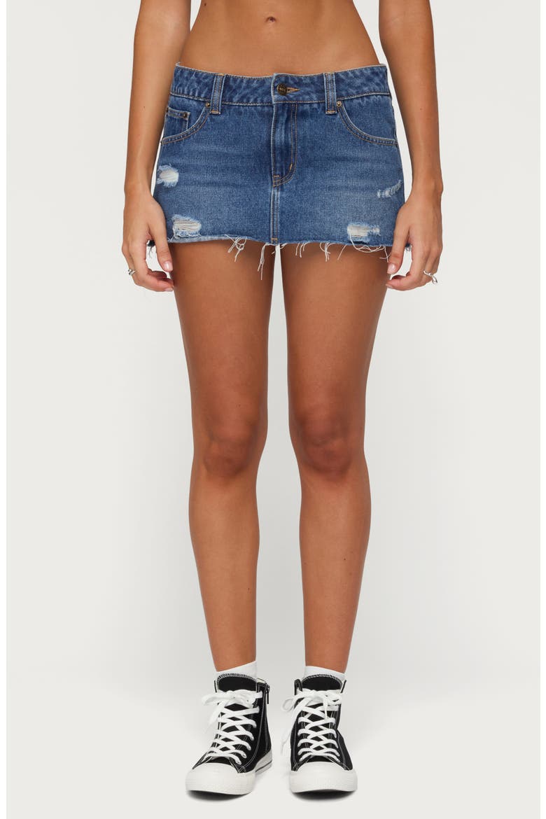 Nylah Frayed Low Rise Denim Skort, Main, color, BLUE-WASHED