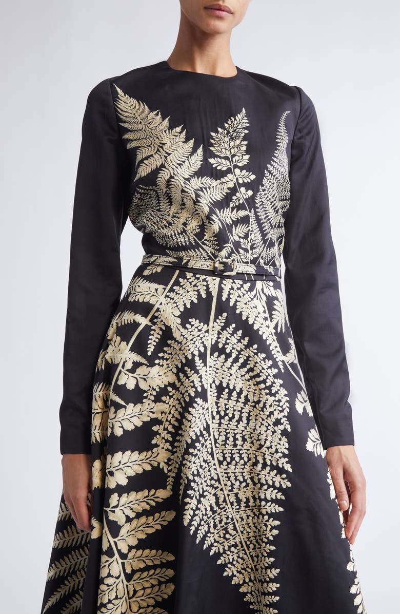 Oscar de la Renta Fern Print Belted Long Sleeve Cocktail Dress, Alternate, color, Black/ Ecru