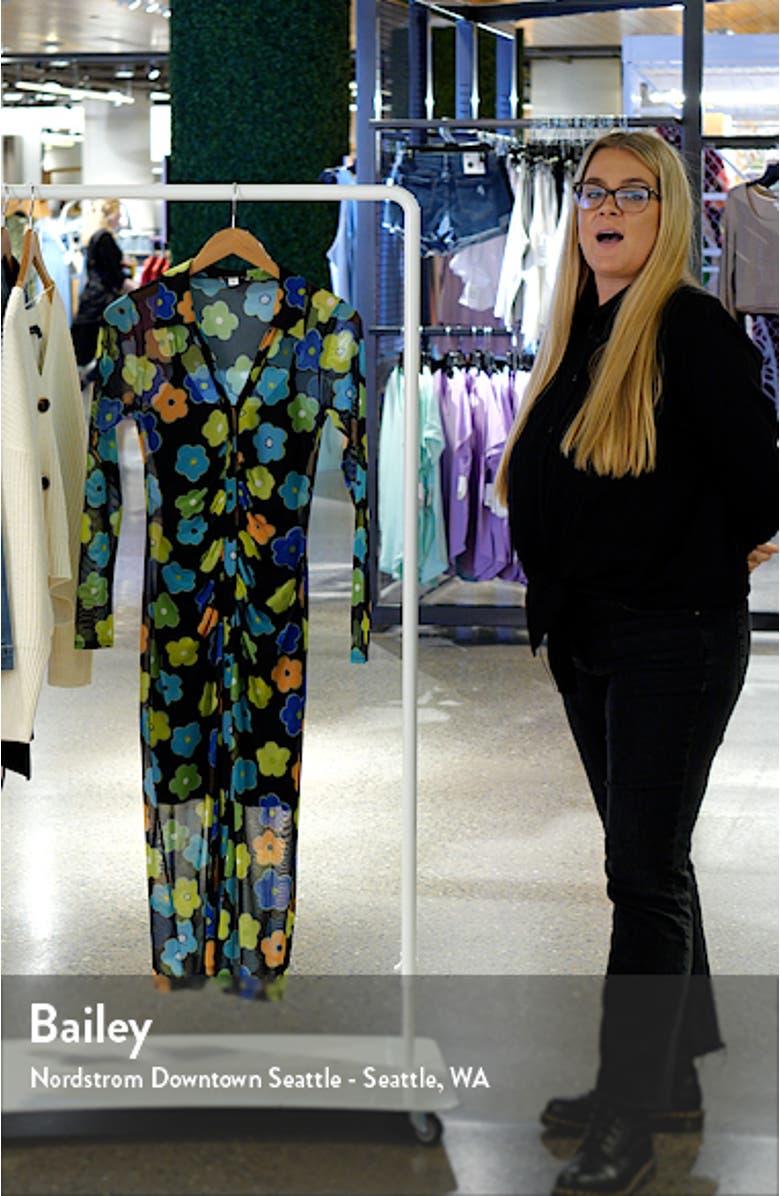 Floral Print Ruched Mesh Midi Dress, sales video thumbnail