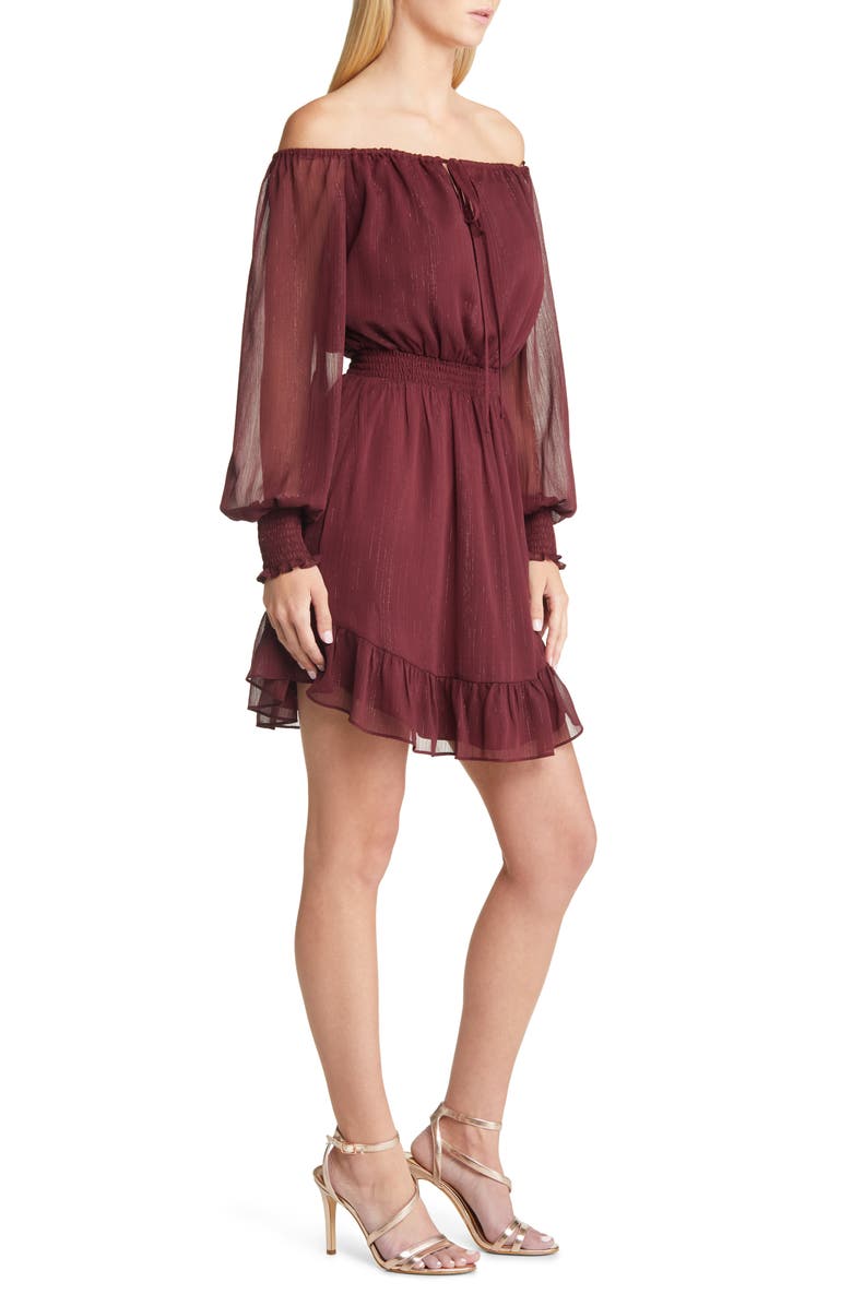 Charles Henry Metallic Off the Shoulder Long Sleeve Minidress, Alternate, color, Wine