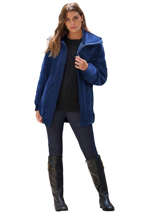 Plus Size High Collar Teddy Fleece Bomber (Plus)