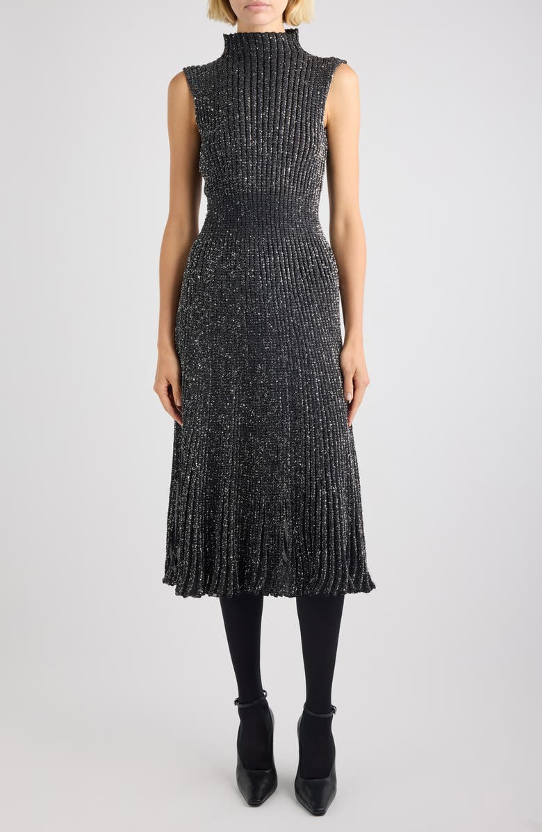 Alaïa Sequin Rib Fit 
Flare Sweater Dress, Main, color, Noir Alaia