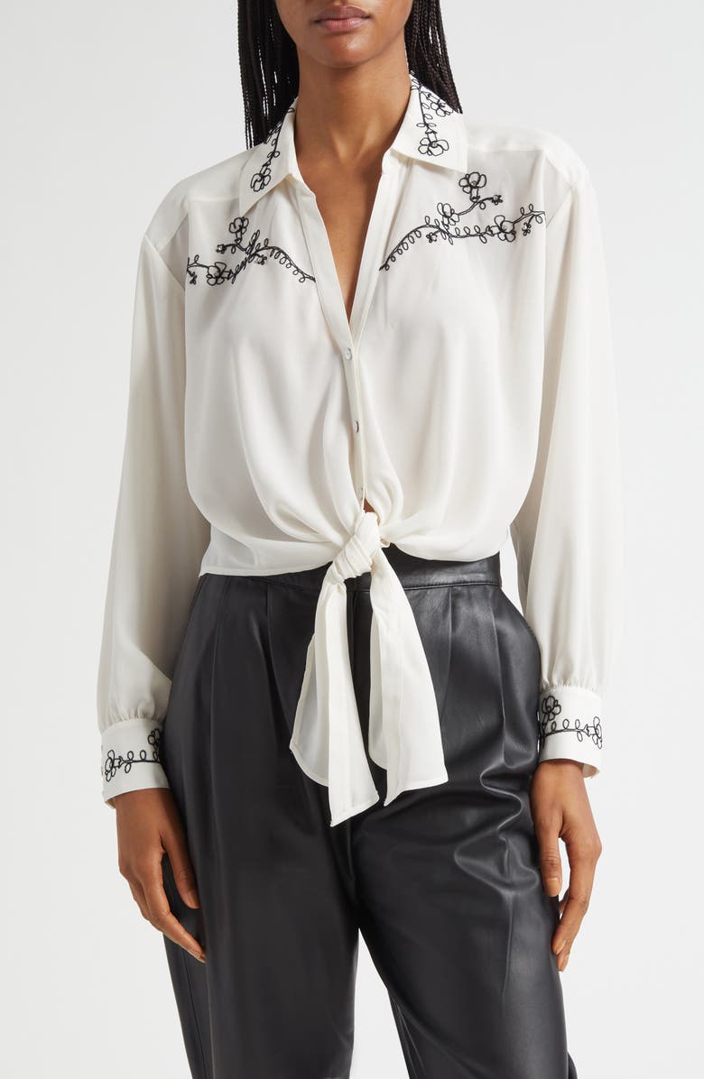 Cinq à Sept Marianna Embellished Tie Front Shirt, Main, color, Ivory/Black