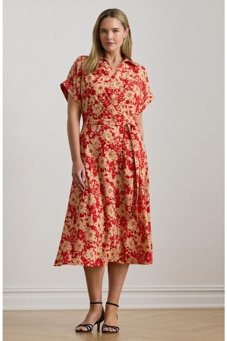 Floral Tie Waist Midi Dress, Alternate, color, RED/ BEIGE