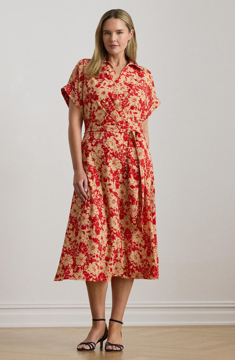 Lauren Ralph Lauren Floral Tie Waist Midi Dress, Alternate, color, Red/ Beige