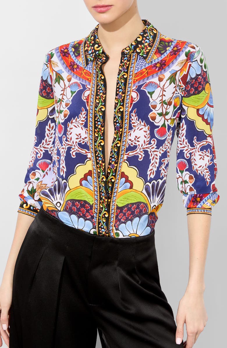 Alice + Olivia Willa Mixed Print Silk Button-Up Shirt, Main, color,