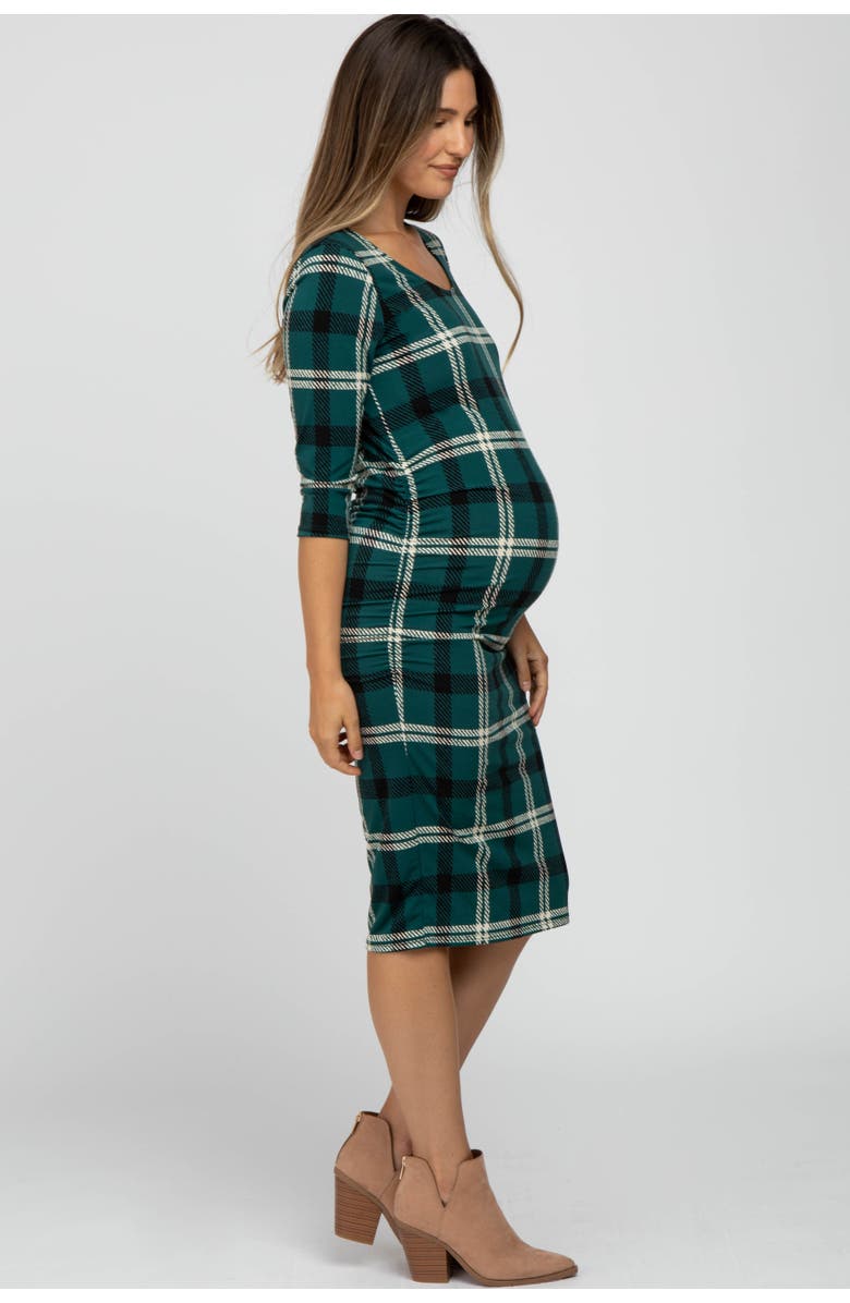 PinkBlush Plaid 3/4 Sleeve Ruched Maternity Dress, Alternate, color, Forest Green