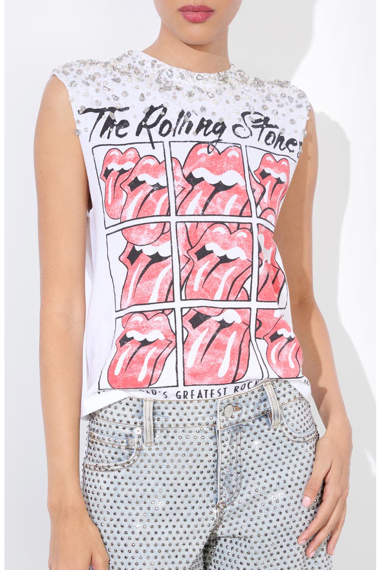 Micah Crystal Detail Rolling Stones Graphic Muscle T-Shirt, Alternate, color, OFF WHITE MULTI