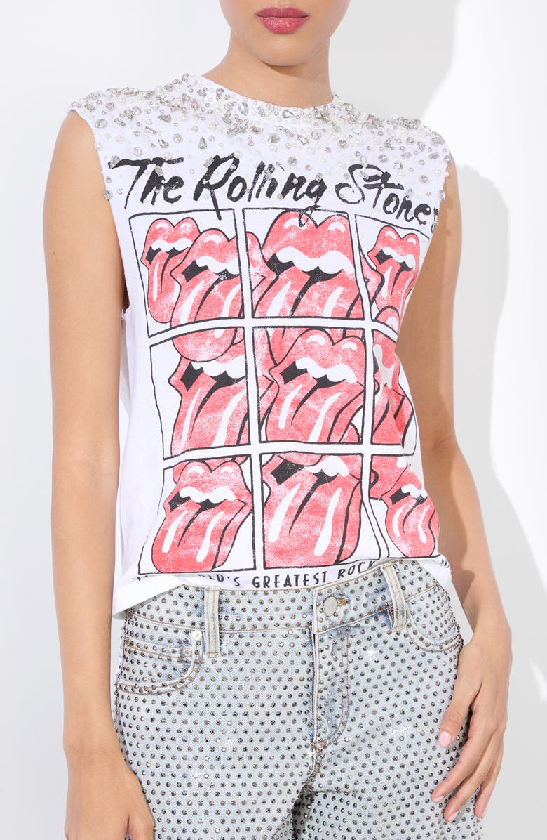 Alice + Olivia Micah Crystal Detail Rolling Stones Graphic Muscle T-Shirt, Alternate, color, Off White Multi