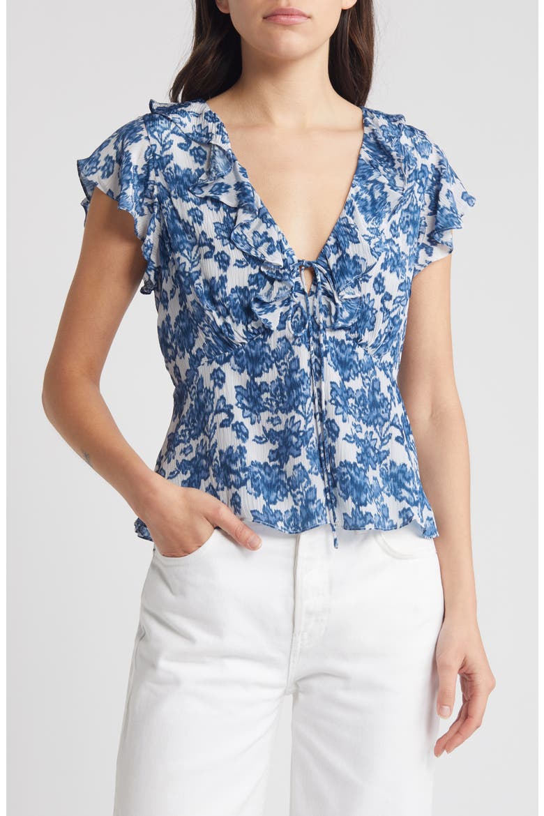 Carmine Floral Flutter Sleeve Top, Main, color, CHAMBRAY FLORAL