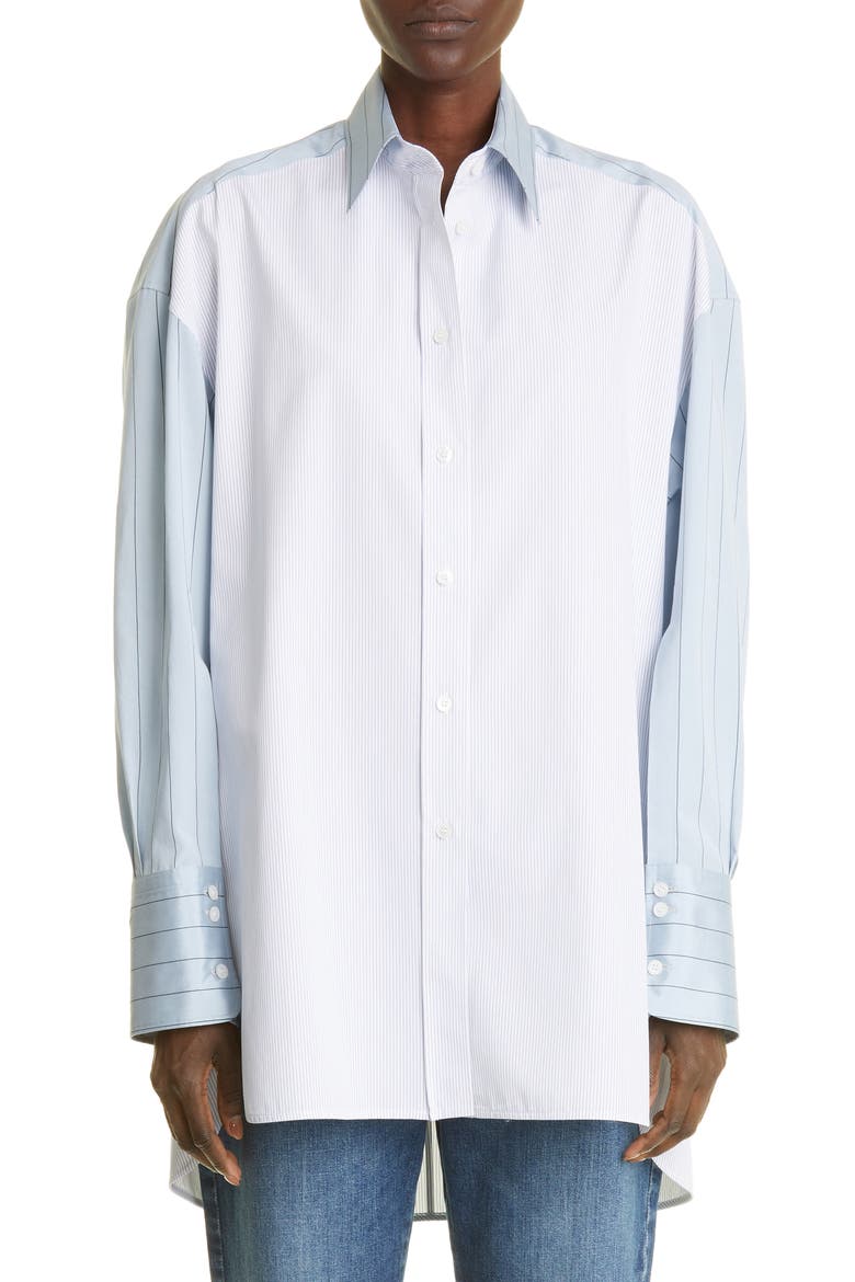 Stripe Oversize High-Low Organic Cotton Button-Up Shirt, Main, color, 8519 WHITE/ BLUE