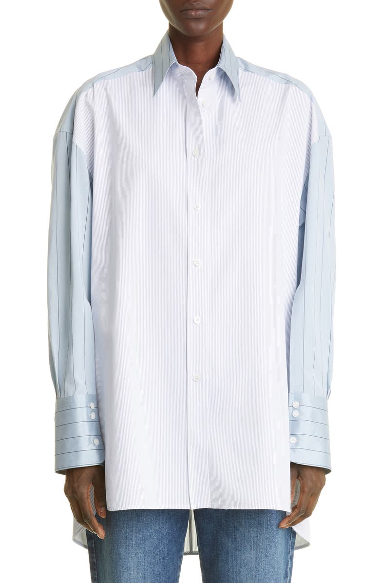Stella McCartney Stripe Oversize High-Low Organic Cotton Button-Up Shirt, Main, color, 