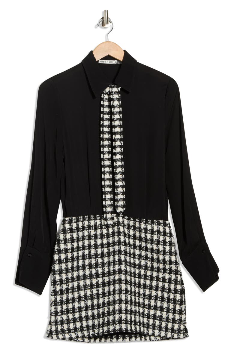 Mattie Long Sleeve Mixed Media Minidress, Alternate, color, BLACK/ WHITE