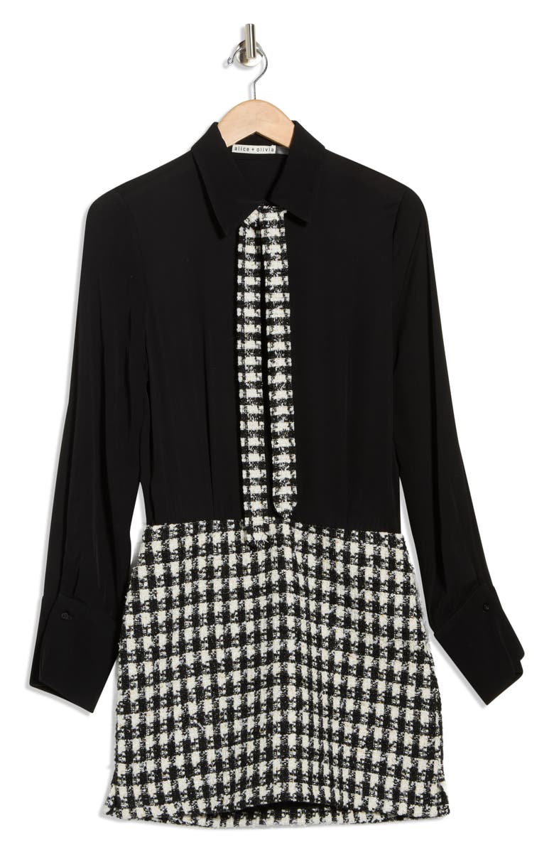 Alice + Olivia Mattie Long Sleeve Mixed Media Minidress, Main, color, Black/ White